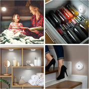 Collage of a woman reading to a child, wine bottles in an open cabinet, shelves with lights, and a person wearing high heels.
