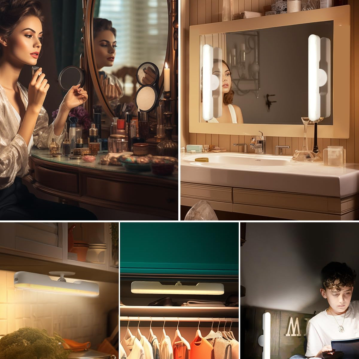 Collage of a woman using a vanity mirror with lights, a bathroom setup, a light on a hanger, and a child reading by a light.