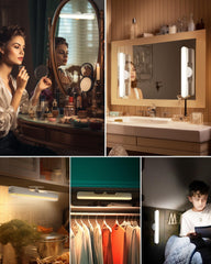 Collage of a woman using a vanity mirror with lights, a bathroom setup, a light on a hanger, and a child reading by a light.