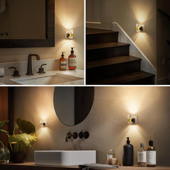 Collage of bathroom scenes with wall-mounted lights and products.