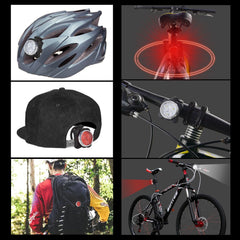 Collage of bicycle safety equipment including helmet, lights, and backpack.