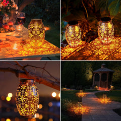 Collage of decorative lanterns in various settings, including a table, garden, and pathway.