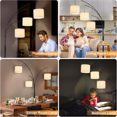 Collage of different lamps used in various rooms including office, living room, dinner room, and bedroom.