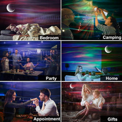 Collage of different settings using a starry night sky projection, including bedroom, camping, party, home, appointment, and gifts.