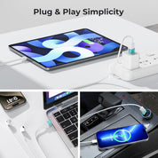 Collage of electronic devices being charged with text 'Plug & Play Simplicity' on a white surface.