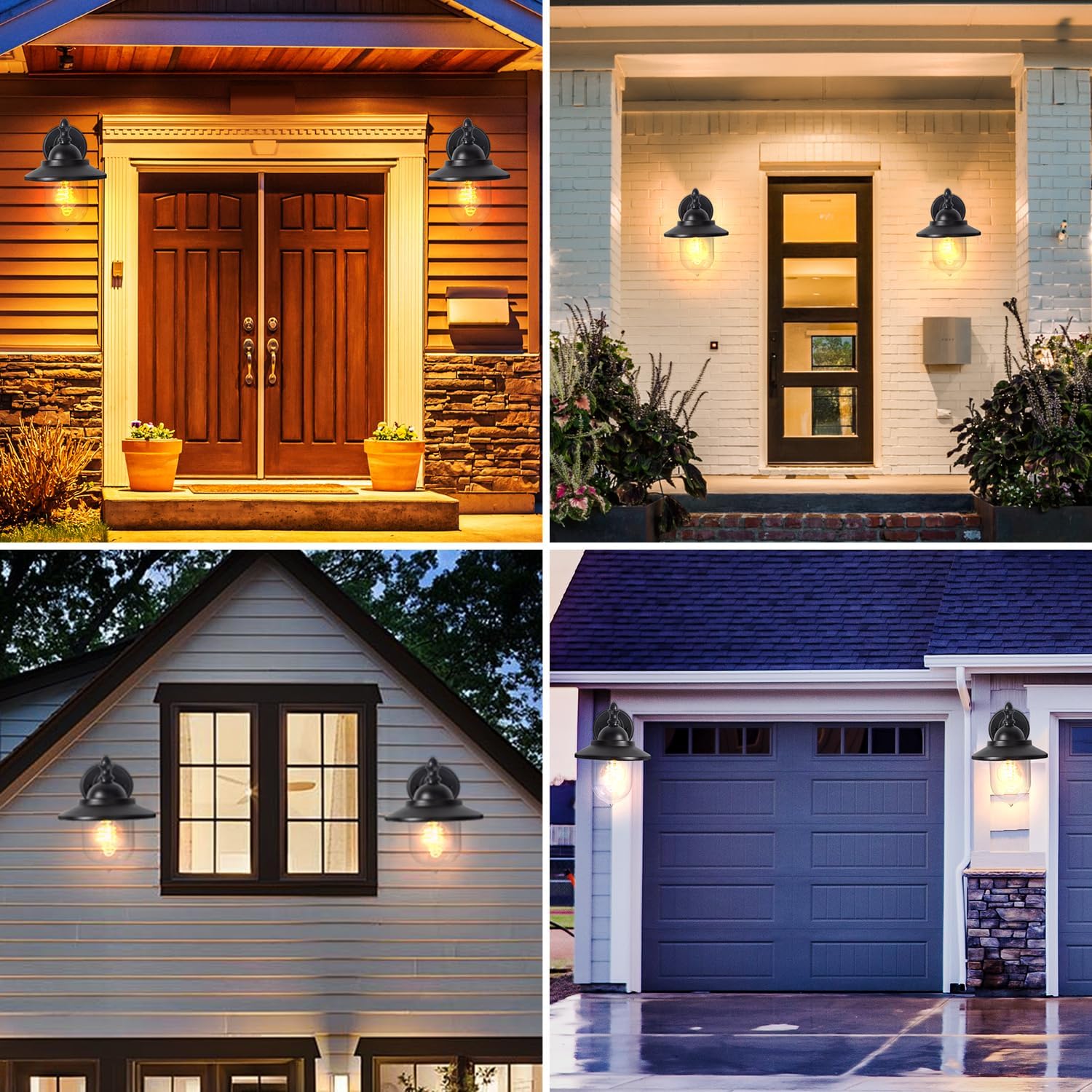 Collage of exterior home lighting fixtures on different building facades.