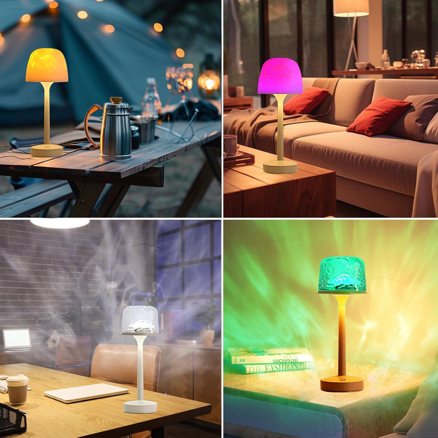 Collage of four scenes with colorful table lamps in different settings.