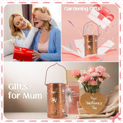Collage of gift ideas for Mother's Day with a woman receiving a gift, gardening gifts, and a copper lantern with flowers.