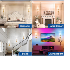 Collage of home decor elements including a bedroom, home decor items, stairs, and a living room with a TV.