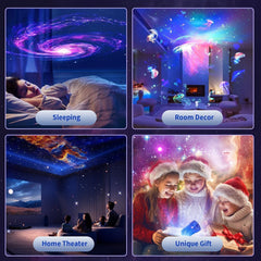 Collage of images showing a device projecting starry night sky and galaxy images into different settings.