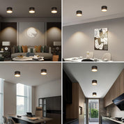 Collage of interior settings with modern ceiling lights in different rooms.