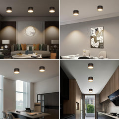 Collage of interior settings with modern ceiling lights in different rooms.