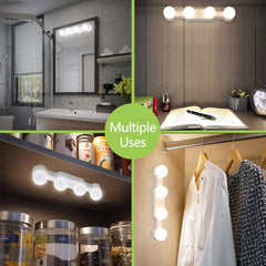 Collage of light fixture used in various settings including a bathroom, office, kitchen, and closet.
