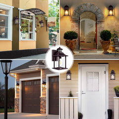 Collage of outdoor lighting fixtures on various home exteriors.
