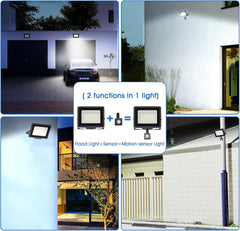 Collage of outdoor flood lights in various settings with text indicating dual function.