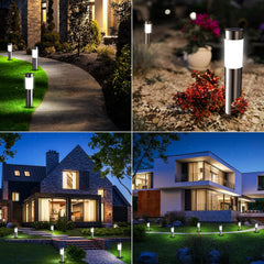 Collage of outdoor garden lights in various settings
