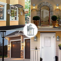Collage of outdoor lighting fixtures on various home exteriors.