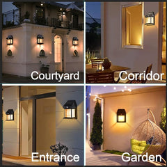 Collage of outdoor lighting fixtures in courtyard, corridor, entrance, and garden settings.