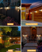 Collage of outdoor lighting fixtures in garden, swimming pool, fence, and front door settings.