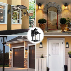 Collage of outdoor lighting fixtures on various home exteriors.