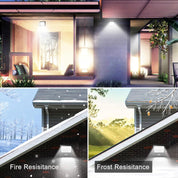 Collage of outdoor lighting fixtures with text 'Fire Resistance' and 'Frost Resistance'.