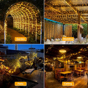 Collage of outdoor settings with string lights labeled 'Garden', 'Wedding', 'Patio', and 'Ceiling'.