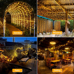 Collage of outdoor settings with string lights labeled 'Garden', 'Wedding', 'Patio', and 'Ceiling'.