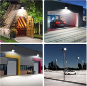 Collage of outdoor lighting fixtures on buildings and a car garage.