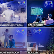 Collage of people in different settings using gaming equipment, labeled 'Entertainment Room', 'Game Room', 'Boys Bedroom', and 'Holiday'.