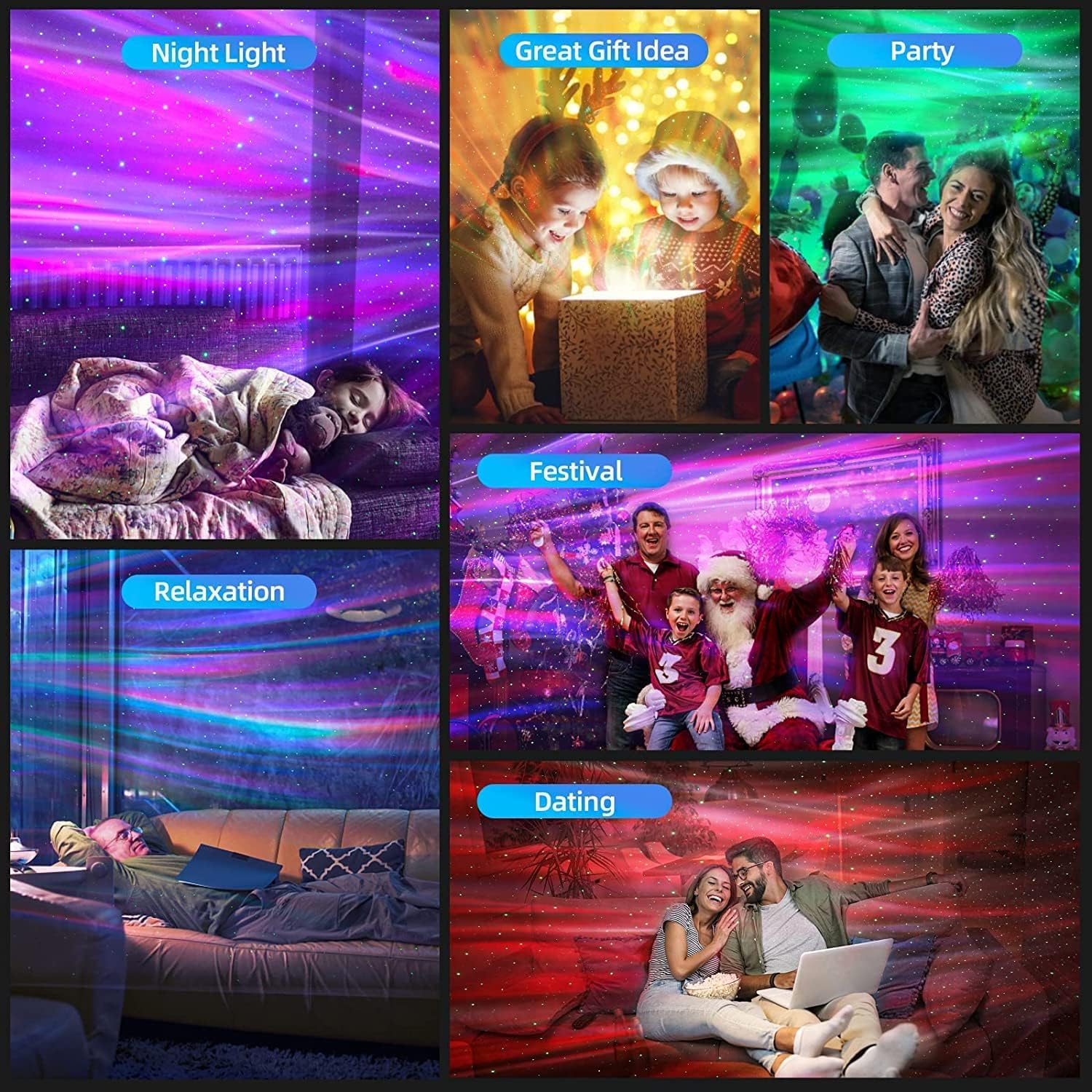 Collage of scenes with different lighting modes and activities.