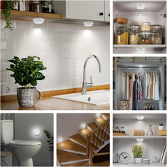 Collage of various indoor lighting scenarios including a kitchen, closet, and bathroom.
