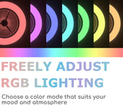 Color wheel with RGB lighting options and text encouraging color selection.