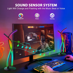 Colorful LED lights on a gaming setup with RGBICW, Music, and Gaming icons displayed.