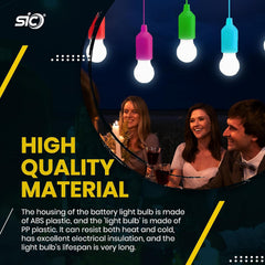 Colorful light bulbs hanging above a group of people at night, with text about high-quality material.