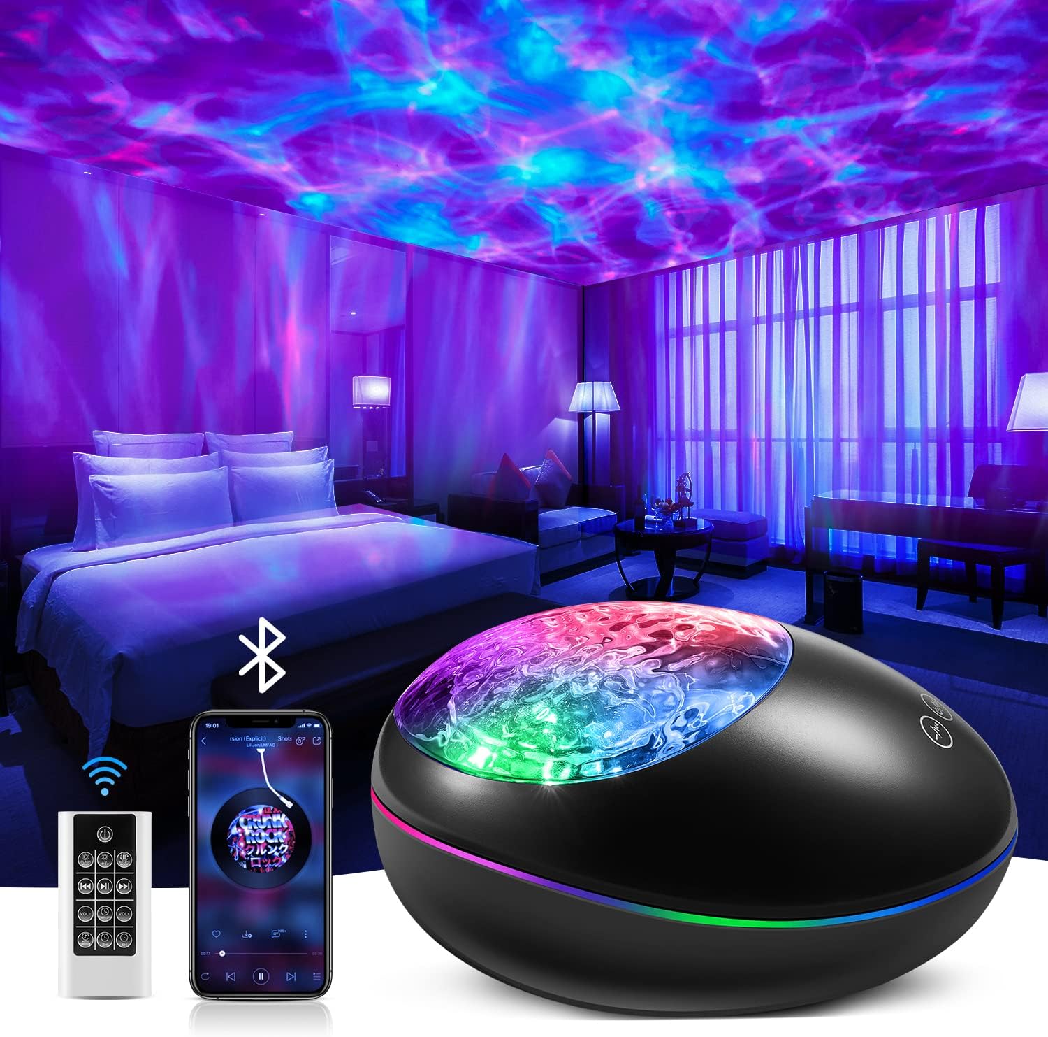 Colorful light projector in a bedroom with smartphone and remote control displayed.