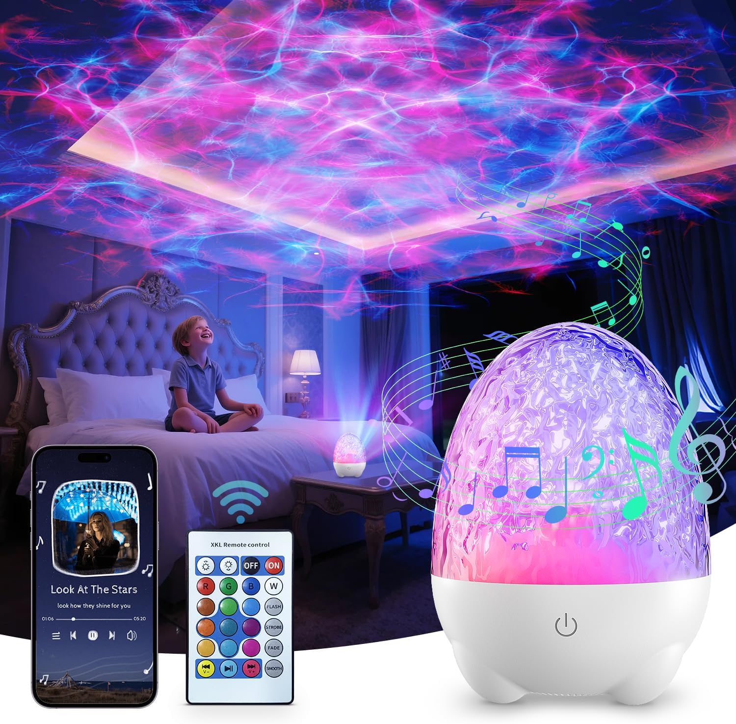 Colorful starry night light projector with remote control and smartphone app in a bedroom setting.
