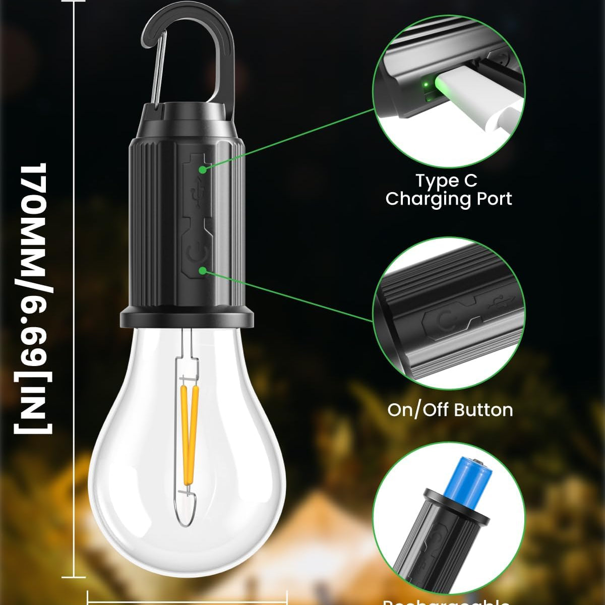 off button, and rechargeable battery on a dark background.