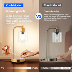 Comparison between knob and touch dimming models of a lamp with text and visual indicators.