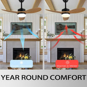 Comparison of a ceiling fan's cooling and heating effects on a room with a fireplace.