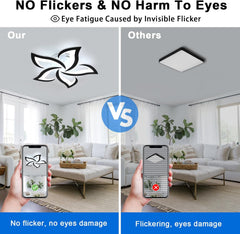 Comparison of a ceiling light fixture labeled 'Our' with another labeled 'Others' in a living room setting.