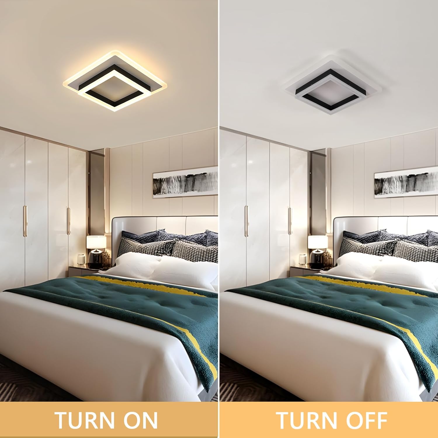 Comparison of a ceiling light fixture on and off in a bedroom setting.