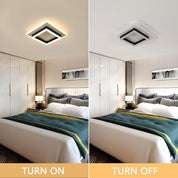 Comparison of a ceiling light fixture on and off in a bedroom setting.