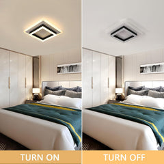 Comparison of a ceiling light fixture on and off in a bedroom setting.