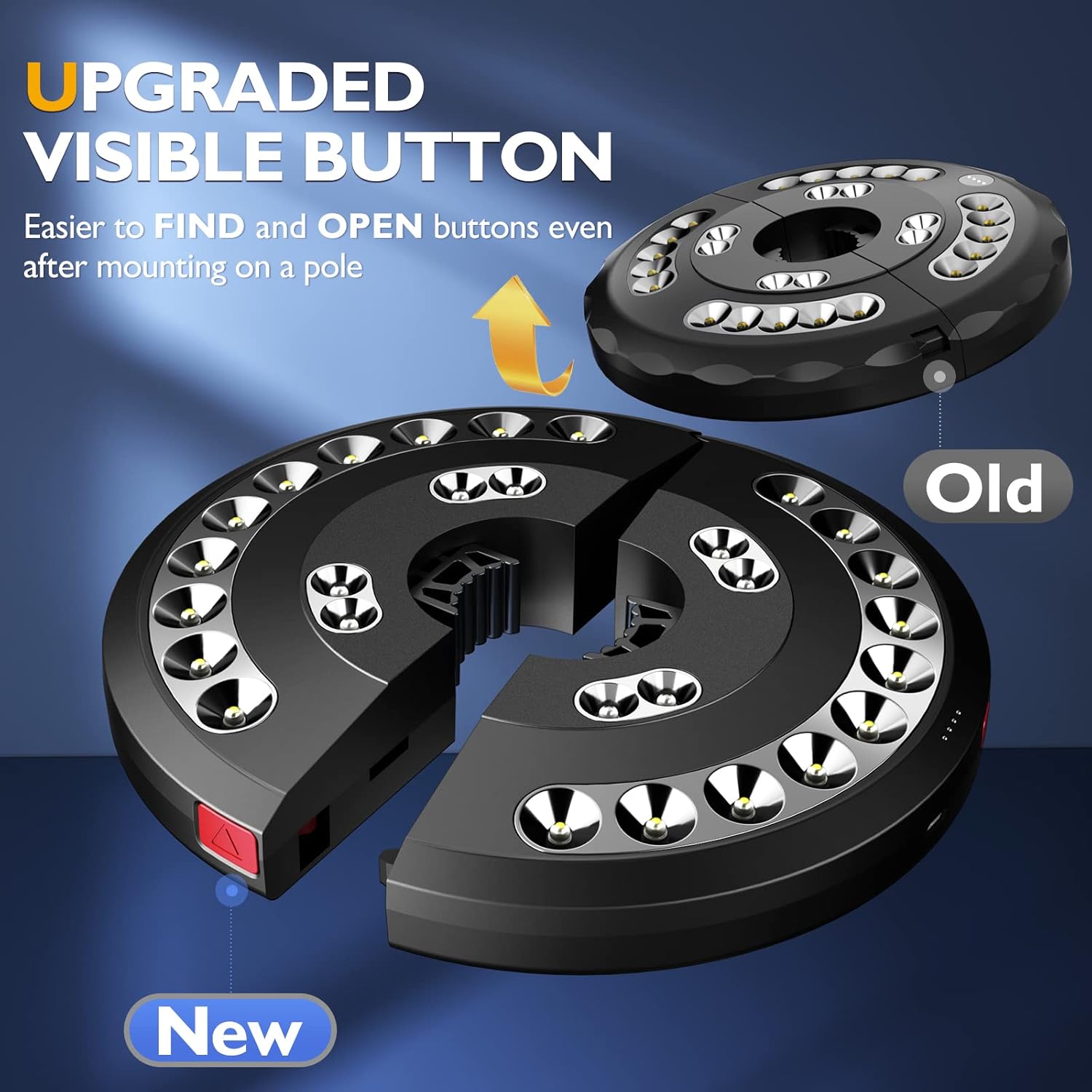 Comparison of an upgraded and old button mechanism on a blue background