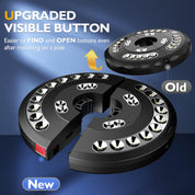 Comparison of an upgraded and old button mechanism on a blue background