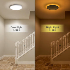 Comparison of downlight mode and night light mode in a hallway with a staircase.