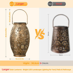 Comparison of two solar lanterns with dimensions and text indicating the larger lantern is preferable.