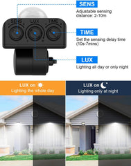 Control panel for a light fixture with adjustable sensing distance, time setting, and lux control, shown with examples of lighting behavior.