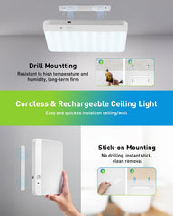 Cordless and rechargeable ceiling light with mounting options on a gray background