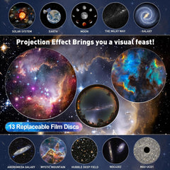 Cosmic display with various celestial bodies and projections, featuring text about replaceable film discs.